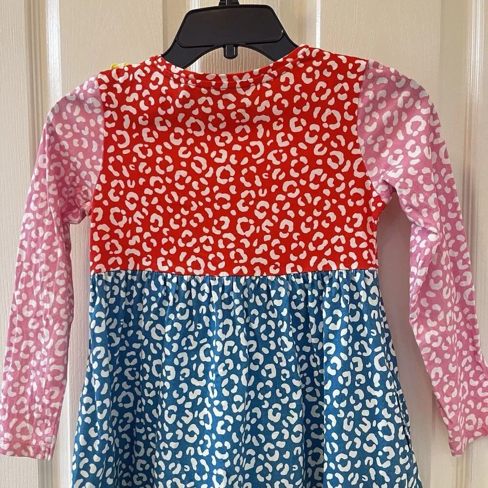 Mini Boden Colorblock Cheetah Print Dress Long Sleeve Ruffle Girls Size 7-8